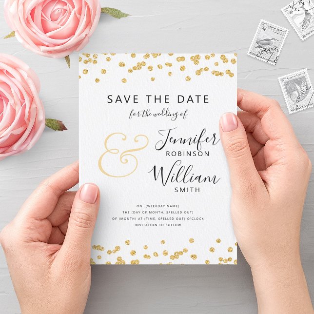 SPARA DATUM Guld Glitter-konfetti-skript Bröllop Inbjudningar (SAVE THE DATE Gold Glitter Confetti Script Wedding Invitation)