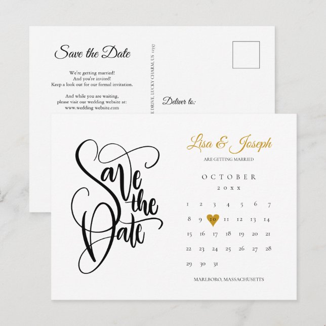 Spara datum Guld hjärta Kalender QR-kod Meddelande Vykort (Fram/baksida)