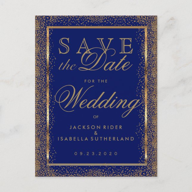 Spara datum Guldkonfetti och Mörkblå Meddelande Vykort (Framsida)