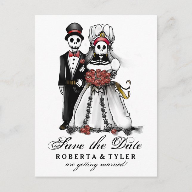 Spara Datum Halloween Skeletons Red PostCard Meddelande Vykort (Framsida)