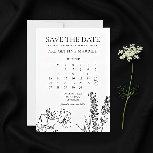 Spara datum i Eleganten Wildblomma Inbjudningar (Wild Flower Calendar Save The Date Card | Wedding Save The Date)