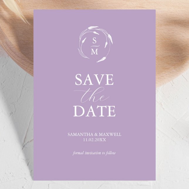 Spara datum i modern lavender spara datumet (Lavender wedding invitations monogrammed save the date unique line art by Victoria Grigaliunas)