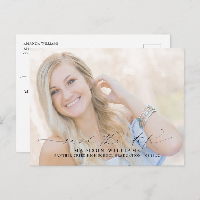 Spara datum i Modern Script Photo Studenten Meddelande Vykort (Fram/baksida)