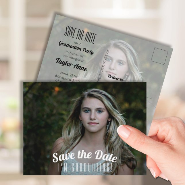 Spara datum i Photo Studenten Vykort (2 photo graduation Save the Date Postcards)