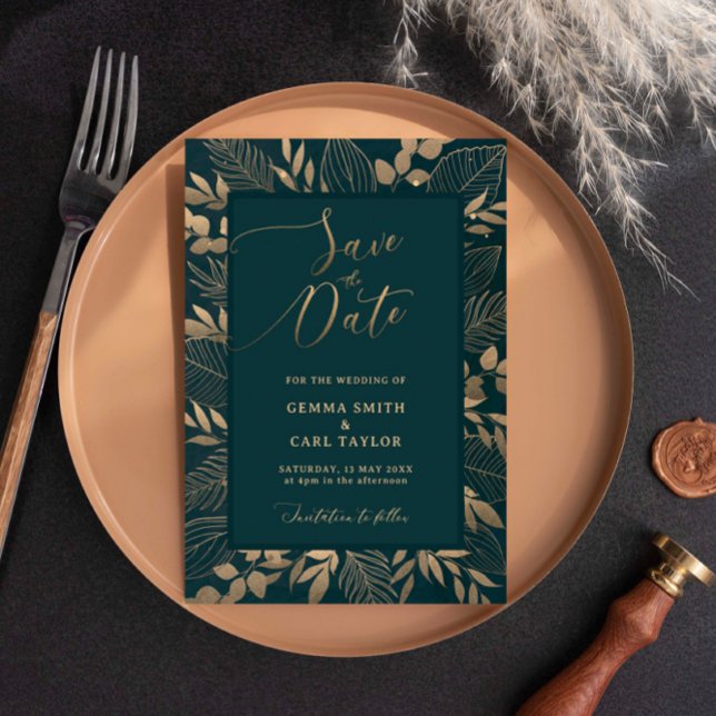 Spara datum-inbjudan med blad i guld inbjudningar (Skapare uppladdad)