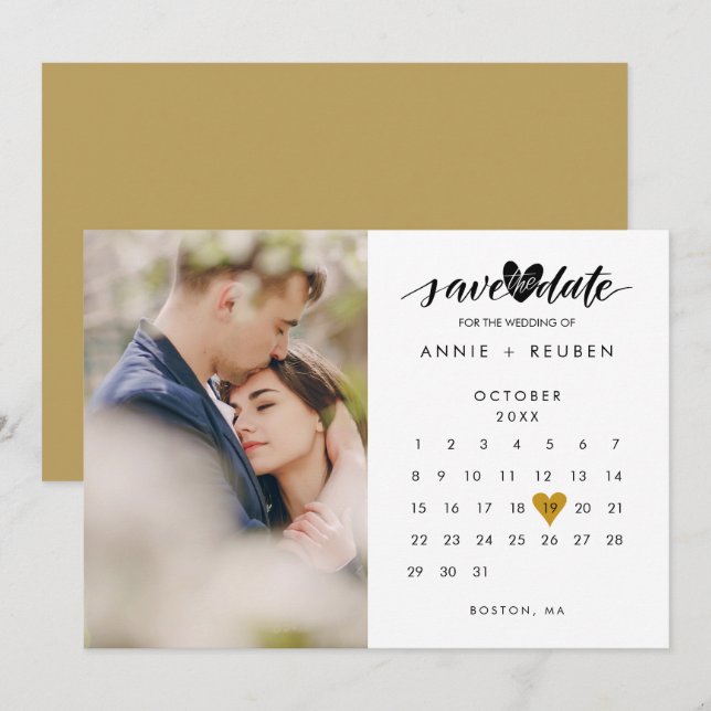 Spara datum kalender Chic Guld Kärlek Hjärtfoto Inbjudningar (Fram/baksida)