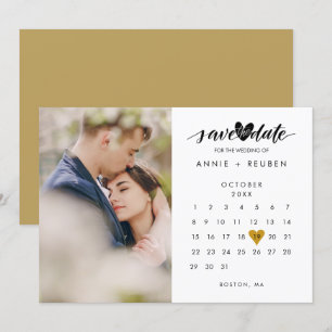 Spara datum kalender Chic Guld Kärlek Hjärtfoto Inbjudningar