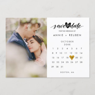 Spara datum-kalender foto guld hjärta bröllop inbjudningar