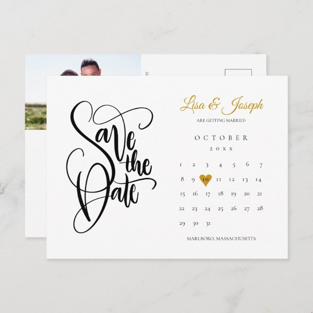 Spara datum kalender Guld hjärta Foto Meddelande Vykort (Fram/baksida)