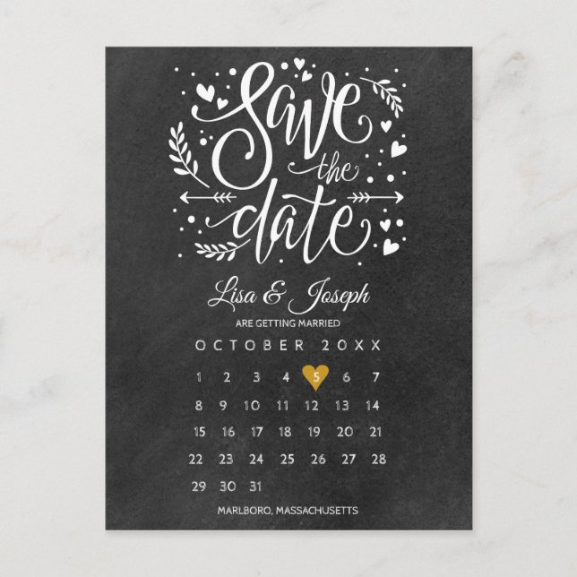Spara datum kalender guld hjärta krit tavla vykort (Framsida)