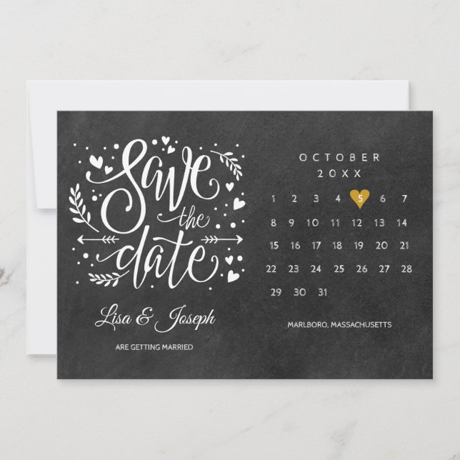 Spara datum kalender guld hjärta kritskrift inbjudningar (Framsida)