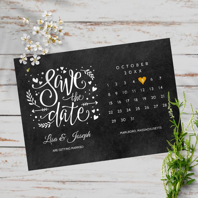 Spara datum kalender guld hjärta kritskrift vykort (Skapare uppladdad)