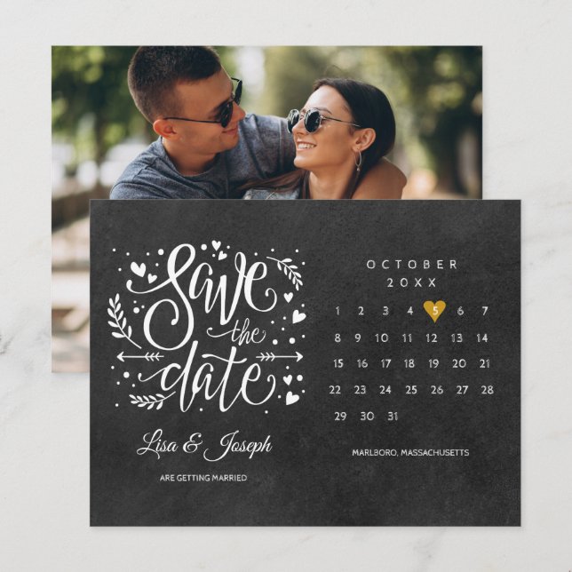 Spara datum kalender guld hjärta kritskriftsfoto vykort (Fram/baksida)