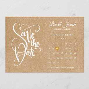 Spara datum kalender guld hjärta rustik kraft inbjudningar