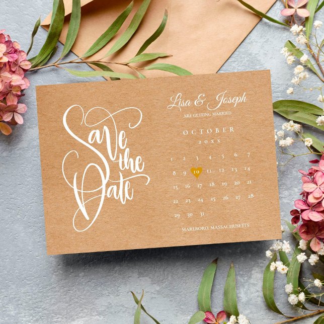 Spara datum-kalender guld hjärta rustik kraft vykort (Skapare uppladdad)