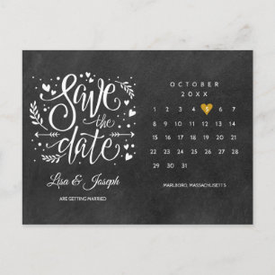 Spara datum kalender guld kärlek hjärta kritskrift vykort