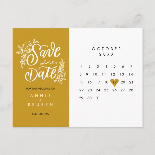 Spara datum-kalender guld kärlek hjärta vykort (Framsida)