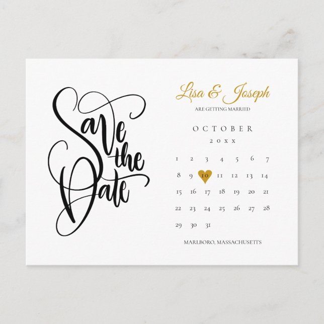 Spara datum kalender guld kärlek hjärta vykort (Framsida)