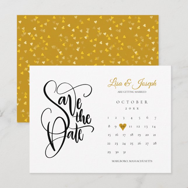 Spara datum kalender guld kärlek hjärta vykort (Fram/baksida)