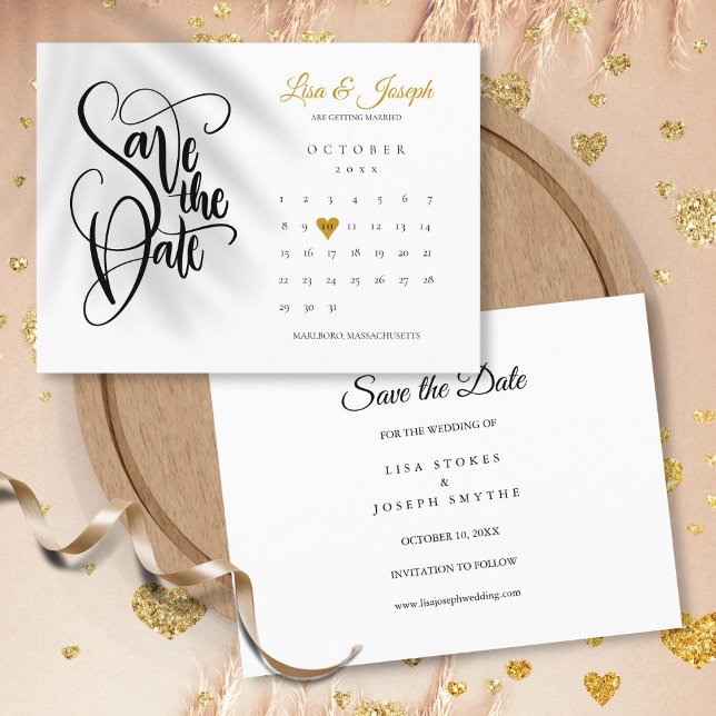 Spara datum kalender guld kärlek hjärta vykort (Save the Date Calendar Gold Love Heart Postcard)