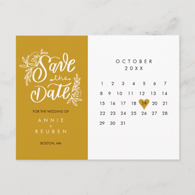 Spara datum kalender guld kärlek hjärta vykort (Framsida)