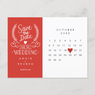 Spara datum-kalender röd kärlek hjärta vykort