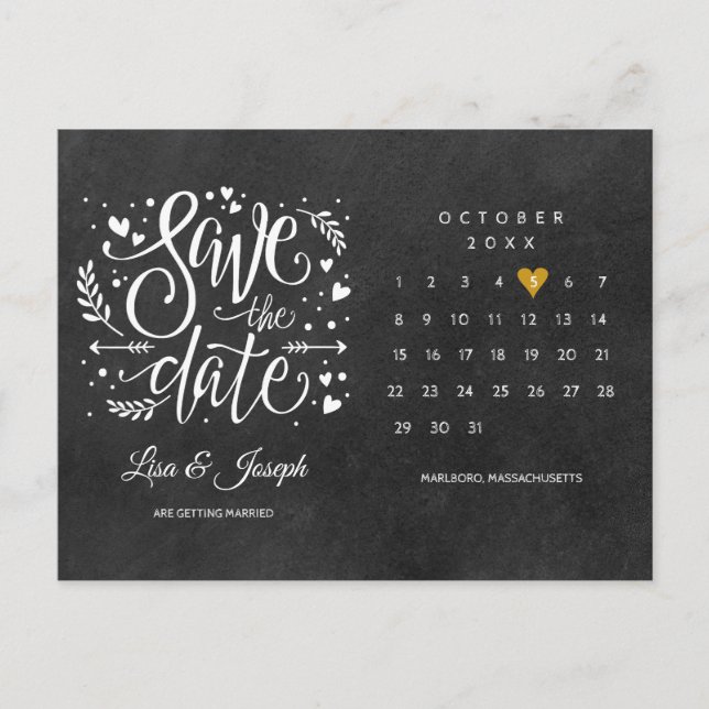 Spara datum kalender svart tavla guld hjärta meddelande vykort (Framsida)
