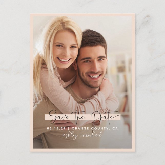 Spara datum kalligrafi foto rosförlovning meddelande vykort (Framsida)