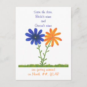 Spara datum kort, blå orange blommor meddelande vykort