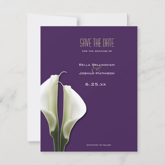 Spara datum-kort med Calla Lily på lila tillkännag Datumet (Framsida)