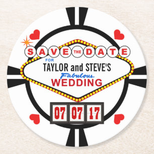 Spara datum Las Vegas Bröllop Poker Chip Underlägg Papper Rund