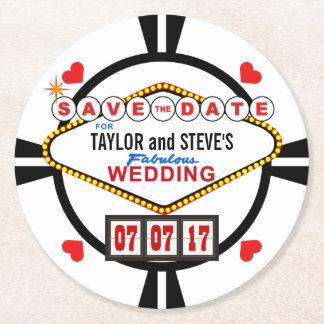 Spara datum Las Vegas Bröllop Poker Chip Underlägg Papper Rund