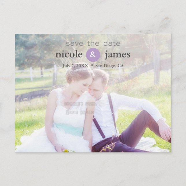 SPARA DATUM Lila typografi Foto Postkort Meddelande Vykort (Framsida)