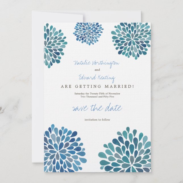 Spara datum Linen Blue Watercolor Dahlias Datumet (Framsida)