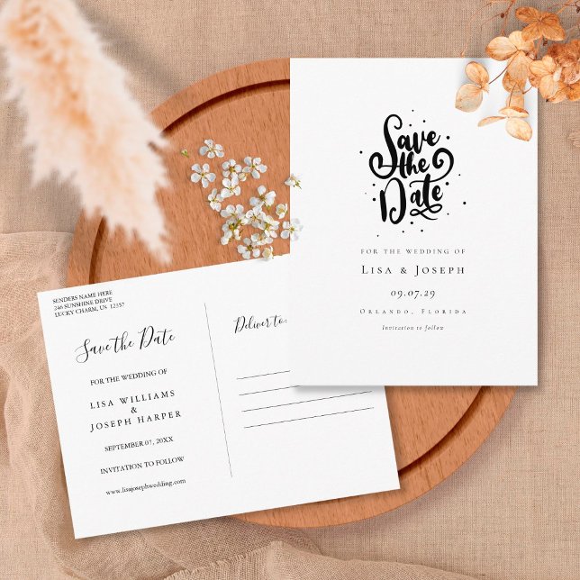 Spara datum med elegant Skript svart och vitt Vykort (Skapare uppladdad)