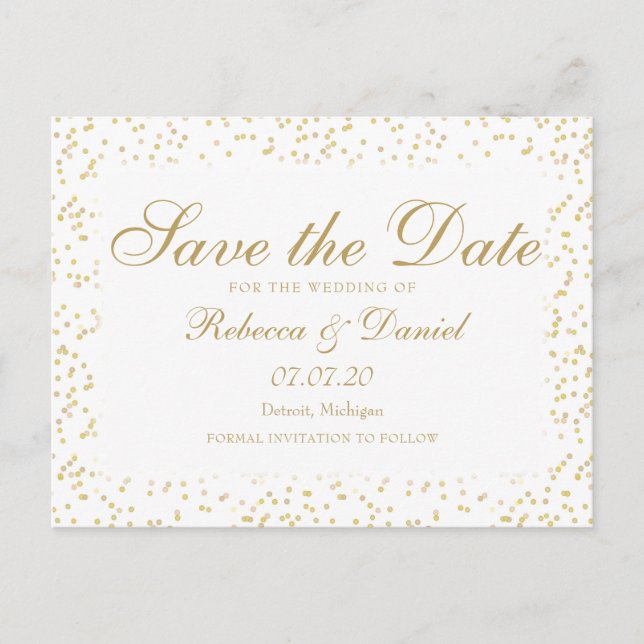 Spara datum med Golden Dust Confetti Script Meddelande Vykort (Framsida)