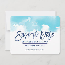 SPARA DATUM MITZVAH modern akvarell i akvatonblått Datumet