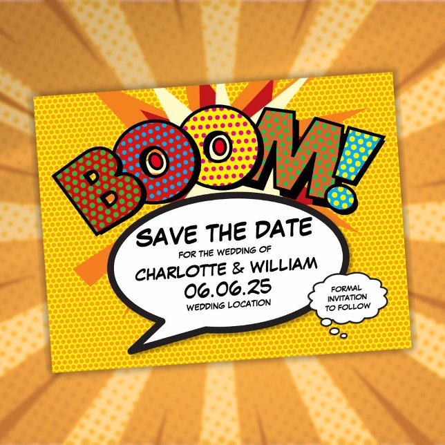 Spara datum Modern rolig serietidning Boom Meddelande Vykort (Save the Date Modern Fun Comic Book Boom Announcement Postcard)