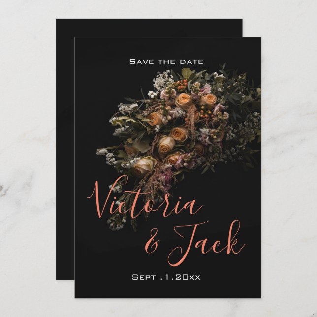 spara datum moody blommigt,orange vit blommigt i inbjudningar (Fram/baksida)