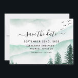 Spara datum, Moody för rustiska skogsvattenfärg Spara Datumet<br><div class="desc">Rustic Forest Watercolor Moody Grönt Bröllop spara datum Card på vit bakgrund - innehåller vacker manustypografi och elegant med Birds,  Träd och Mountains och Grey för den speciella Bröllopsdagen firande.</div>
