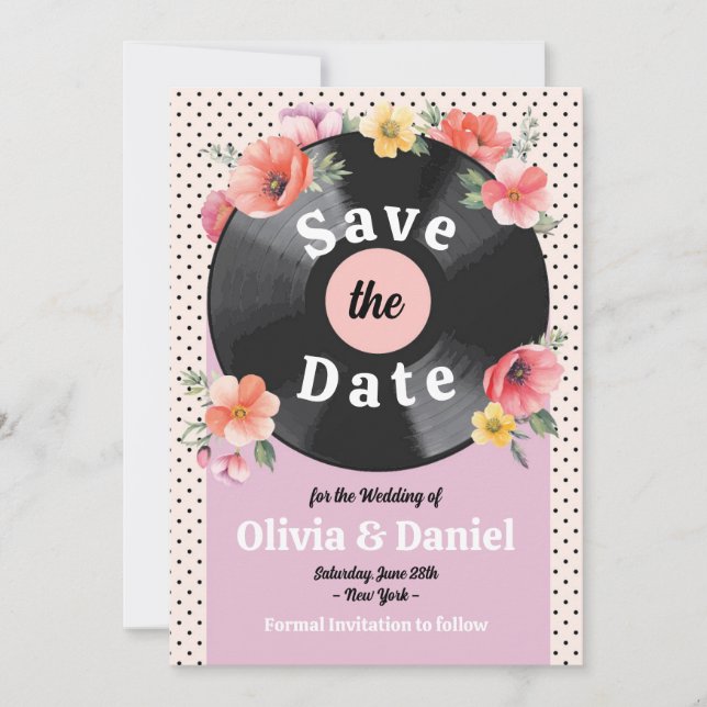 Spara datum Music Record Bröllop Blommigt 1950s Spara Datumet (Framsida)