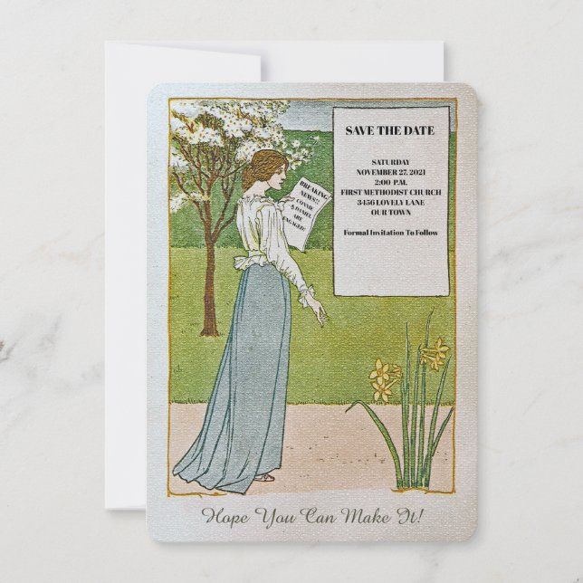 SPARA DATUM/PAUSETTA NYHETER/KVINNA LÄSER RUBRIKTE SPARA DATUMET (Framsida)