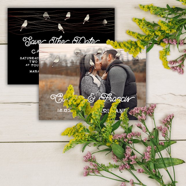 Spara datum Photo Ro Grått Black Birds Digital Inbjudningar (Save The Date Photo Rose Gray Black Birds Digital Invitation)