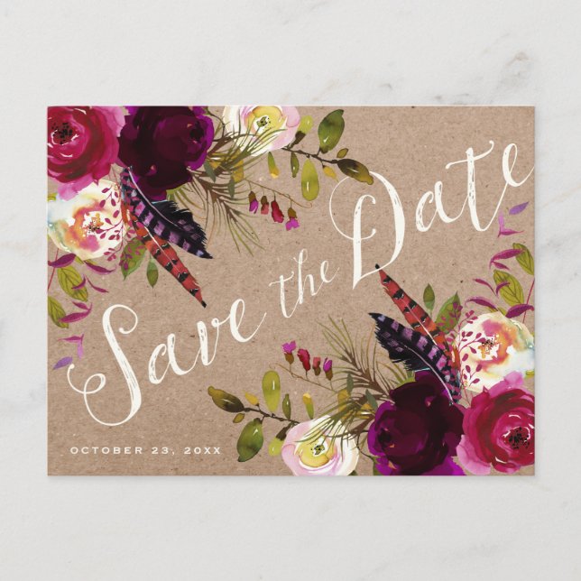 SPARA DATUM POSTCARD | Blommigt Rustic Boho Meddelande Vykort (Framsida)