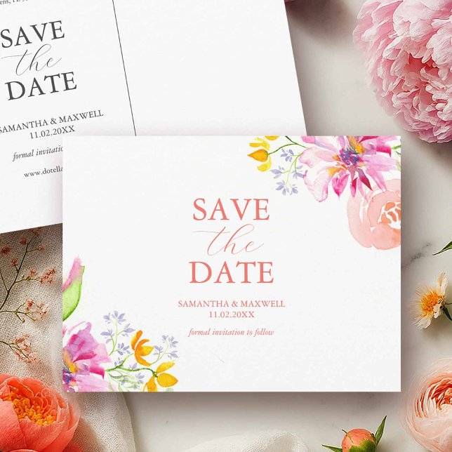 Spara datum Postkort Akvarell Blommig Vykort (Watercolor floral wedding save the date postcards in shades of pink and orange by Do Tell A Belle)