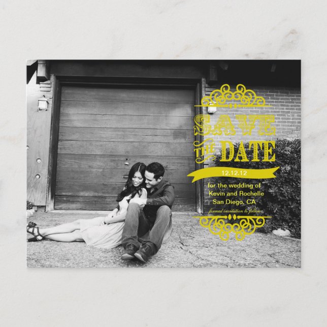 Spara datum postkort gul modern bröllop meddelande vykort (Framsida)