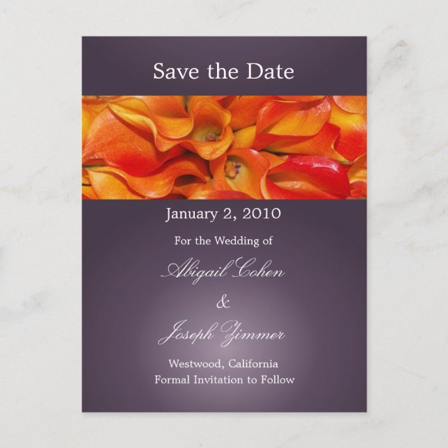 Spara datum postkort, orange calla liljor meddelande vykort (Framsida)