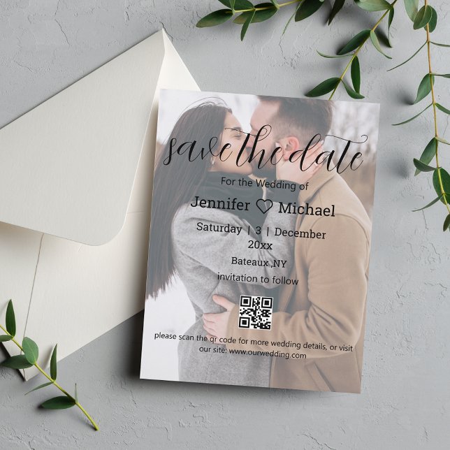 spara datum qr-kod med ett foto bröllop chic meddelande vykort (Skapare uppladdad)