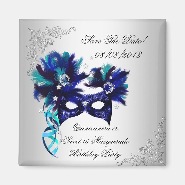 Spara datum Quinceanera Sweet 16 Maskerad Blå Magnet (Framsidan)