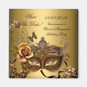 Spara datum Quinceanera Sweet 16 Masquerade Guld Magnet
